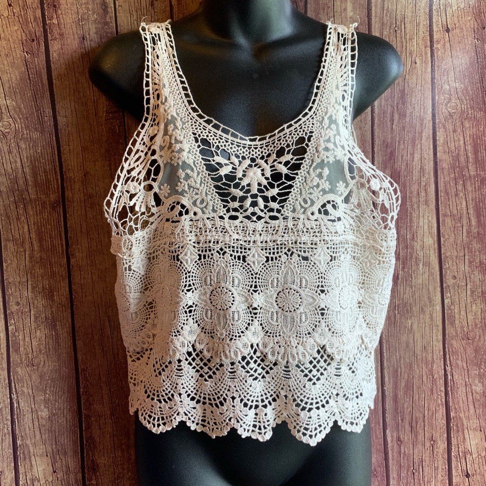 3/$25 Triple Cherry Cream Crocheted Lace Tank Top - Picture 1 of 7
